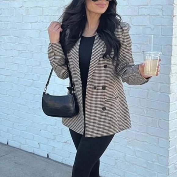 Plaid Print Double Breasted Lapel Collar Blazer work professional Business Chic - Picture 2 of 16